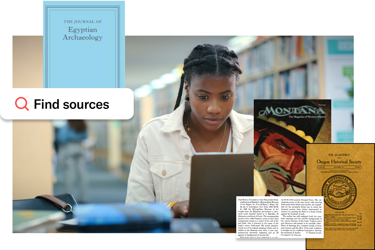 Student working on a laptop in a library, with historical journal covers arranged around her and a search prompt reading ‘Find sources.’