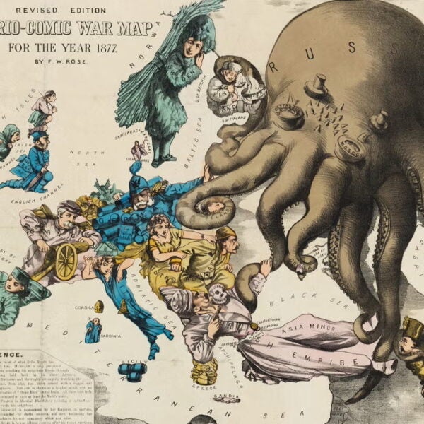 * Colorful 1877 satirical map depicting European nations as caricatured figures and Russia as a giant octopus extending its tentacles.