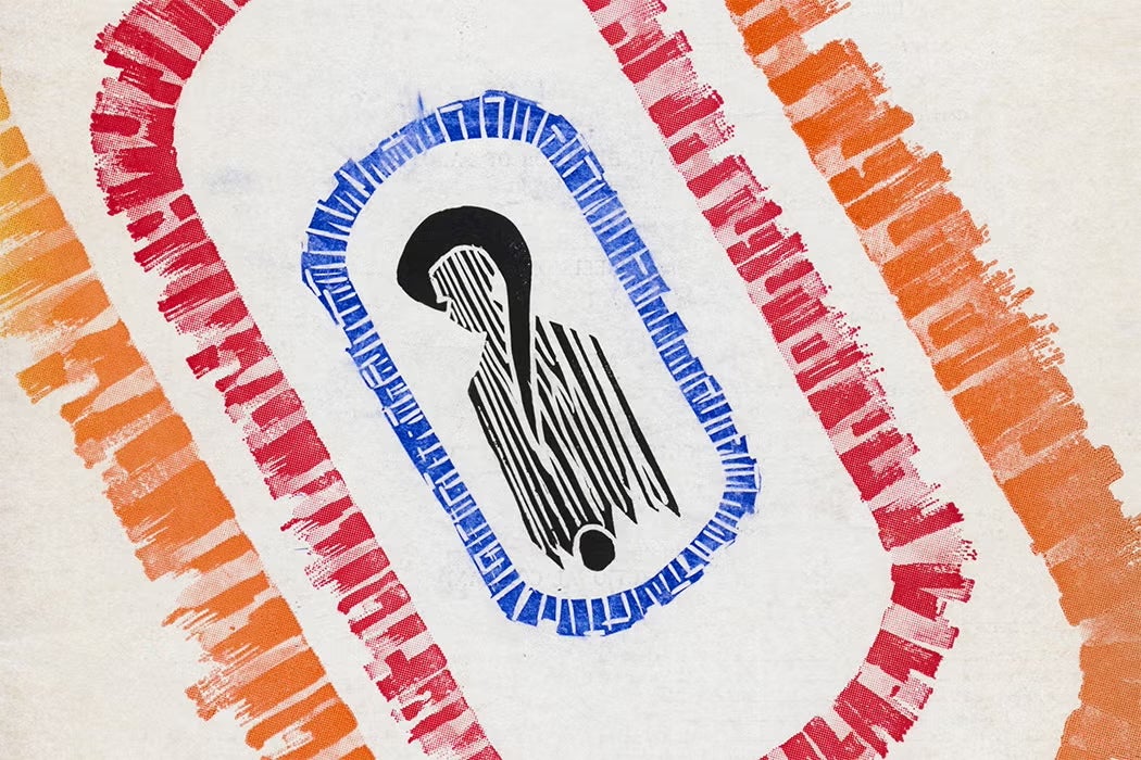 Abstract illustration of a silhouetted figure enclosed in a blue oval, surrounded by radiating red and orange textured bands.