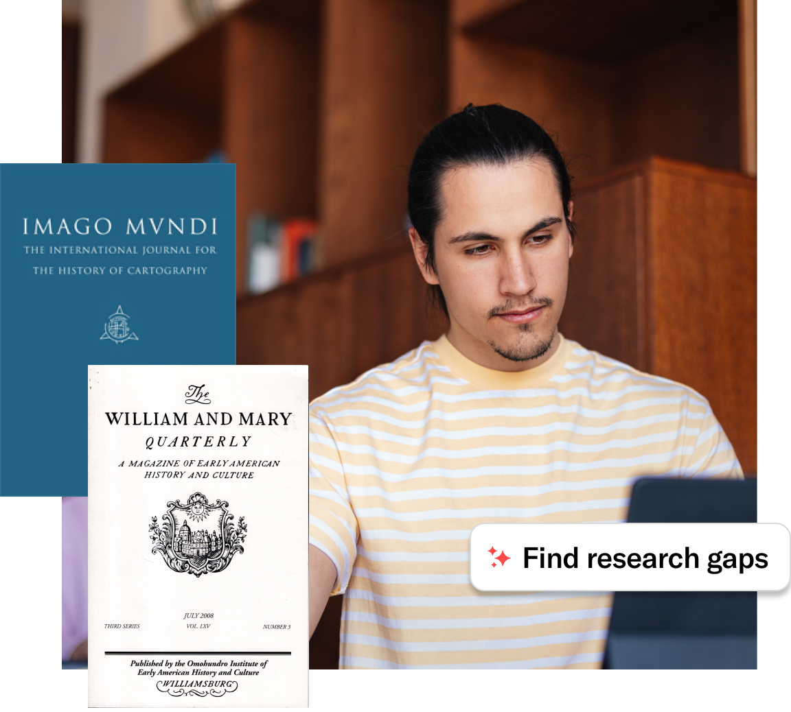 Student writing in a notebook while using a laptop in a library, with journal covers floating around him and a label reading ‘Find research gaps.’