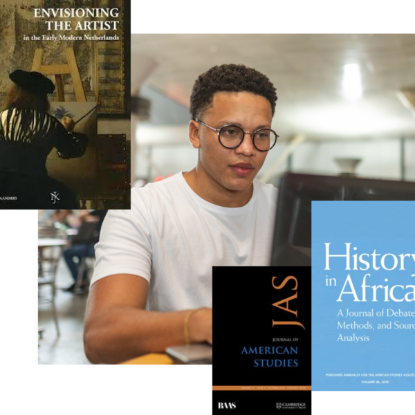 Student working on a laptop in a lecture hall, surrounded by academic journal covers and prompts reading ‘Topic brainstorming’ and ‘Make a topic more specific.’