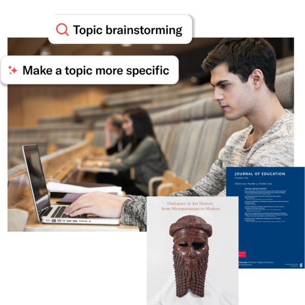 Student working on a laptop in a lecture hall, with journal and book covers displayed nearby and labels reading ‘Topic brainstorming’ and ‘Make a topic more specific.’