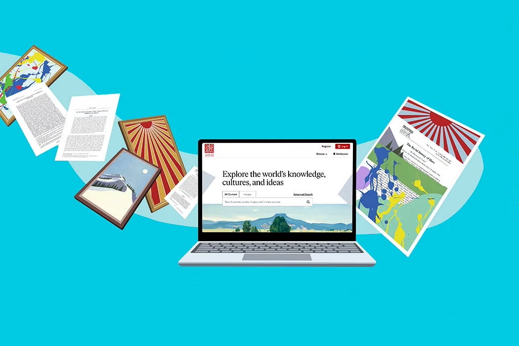 * Illustration of floating research materials—papers, art, and a laptop displaying JSTOR—arranged against a bright blue background.