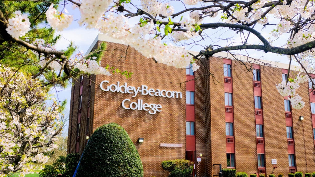 Exterior of a brick academic building with a “Goldey-Beacom College” sign, framed by blooming trees in spring.