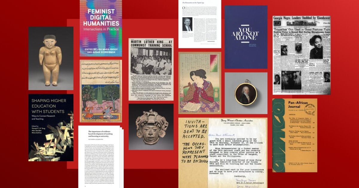 Red background featuring a grid of diverse cultural and scholarly materials, including books, manuscripts, artworks, historical documents, photographs, newspapers, and journals from different regions and time periods, representing the breadth of library and archival collections.