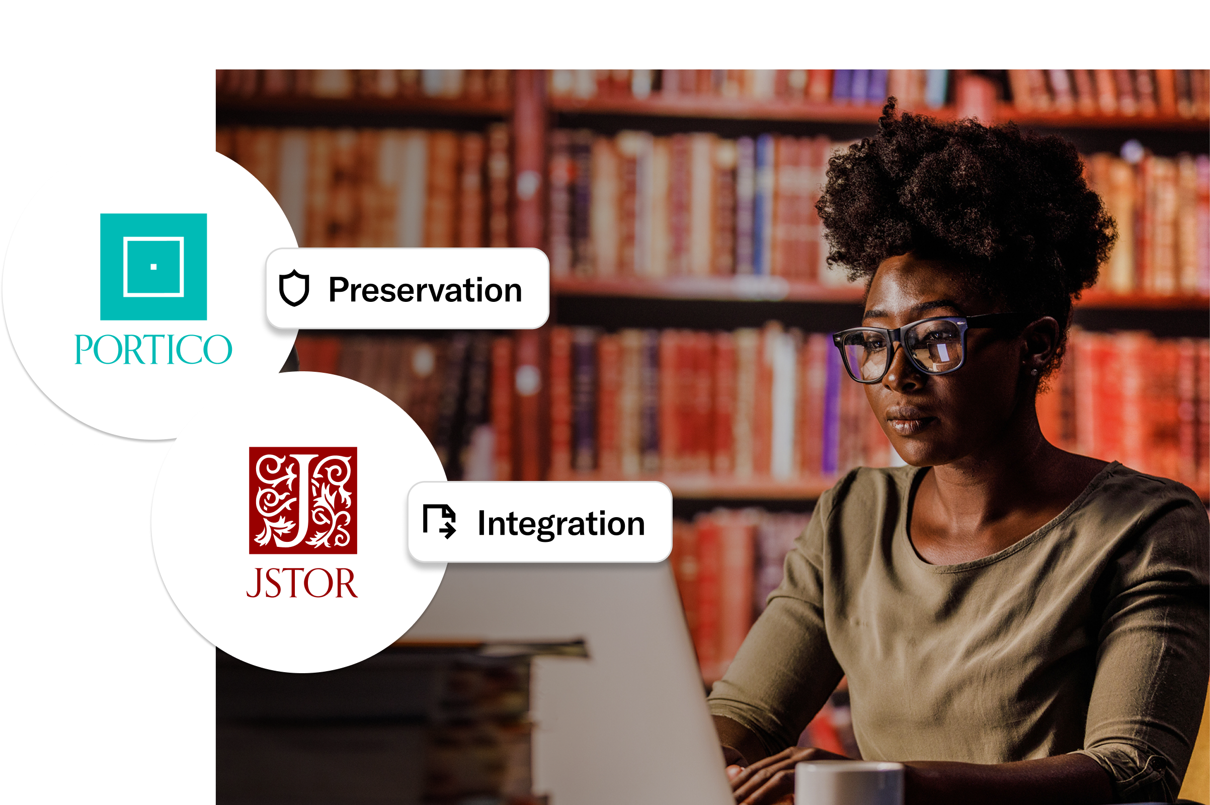 Library staff member working on a laptop in front of bookshelves, with graphics highlighting digital preservation and integration between JSTOR and Portico.