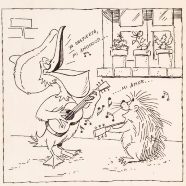Hand-drawn cartoon showing a duck and a porcupine serenading each other with guitars inside a room, accompanied by handwritten Spanish text referencing a biblical verse.