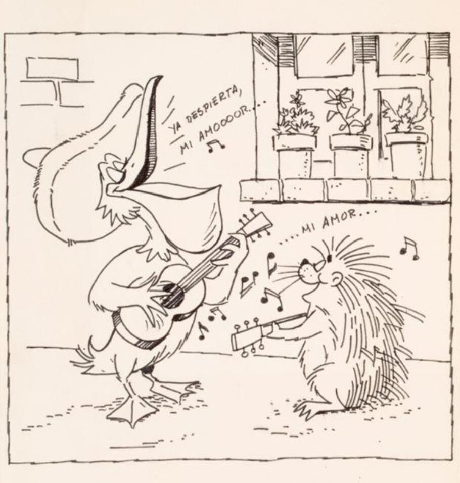 Hand-drawn cartoon showing a duck and a porcupine serenading each other with guitars inside a room, accompanied by handwritten Spanish text referencing a biblical verse.