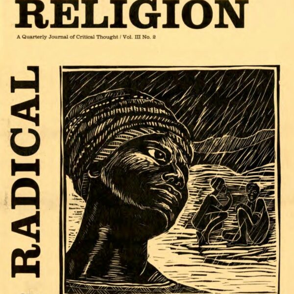 Cover of the journal Religion, featuring a bold black-and-cream woodcut-style illustration of a Black woman in the foreground and two seated figures in the background, with the title “Radical Feminism and Socialism.”