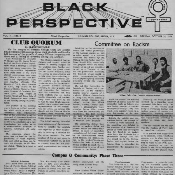 Front page of the October 29, 1973 issue of Black Perspective, a Lehman College student publication, featuring articles on campus racism and community organizing.