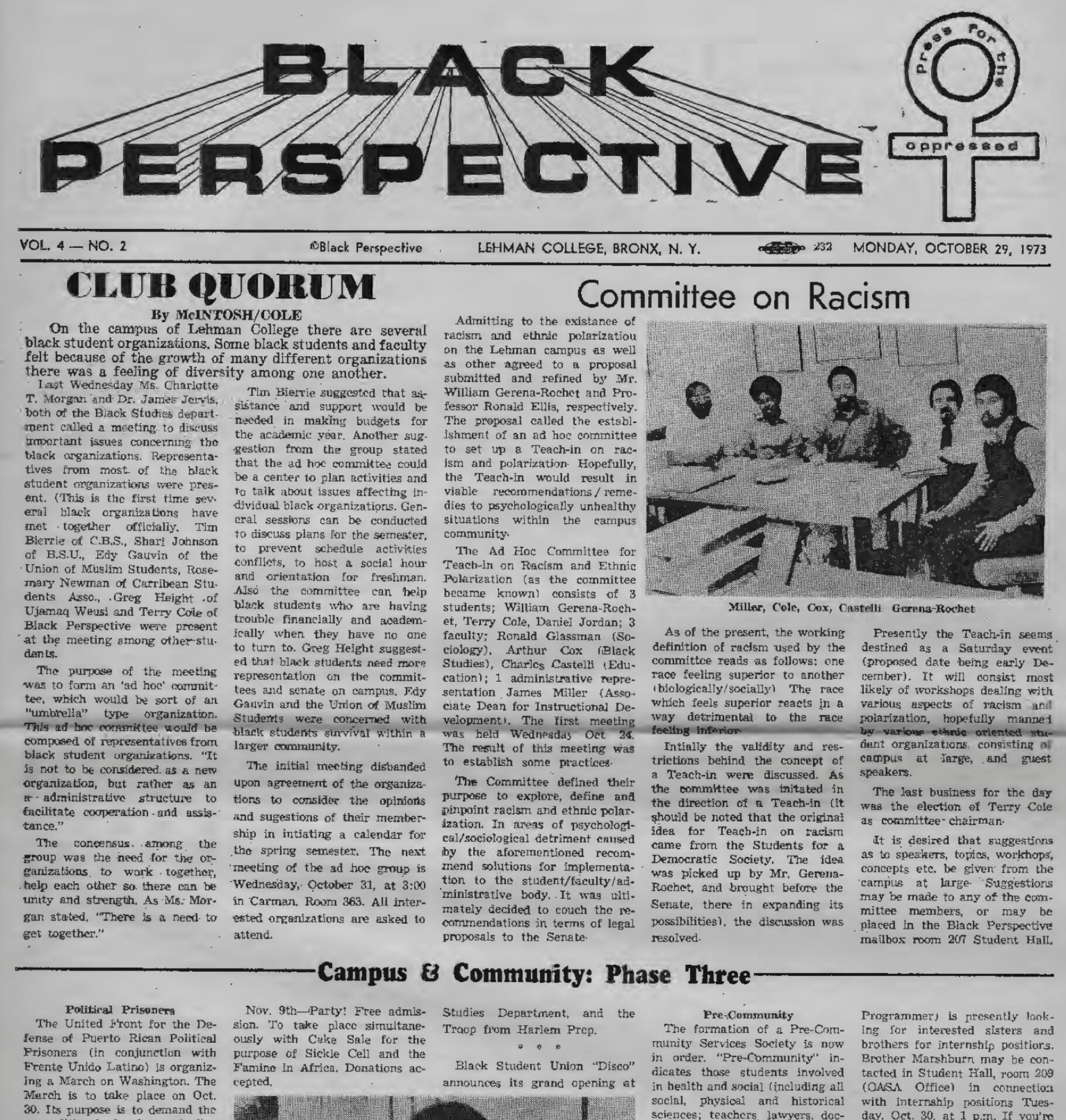 Front page of the October 29, 1973 issue of Black Perspective, a Lehman College student publication, featuring articles on campus racism and community organizing.