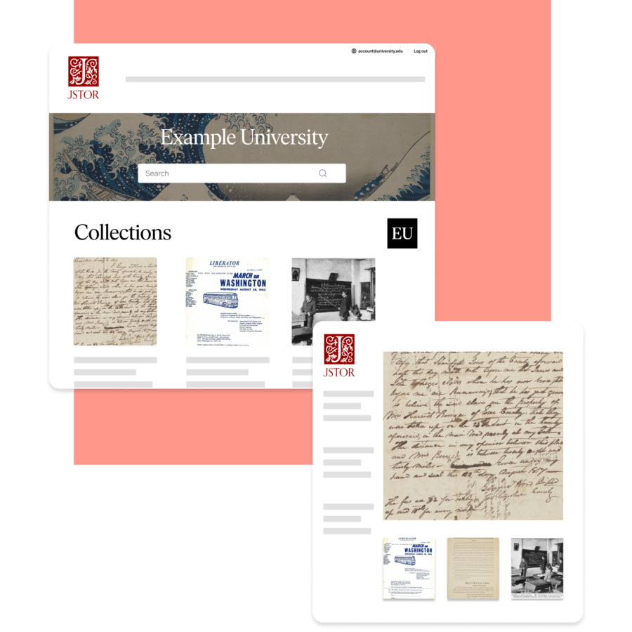 Public-facing JSTOR Collections page for ‘Example University,’ showing a searchable collections gallery with thumbnail images and collection details.