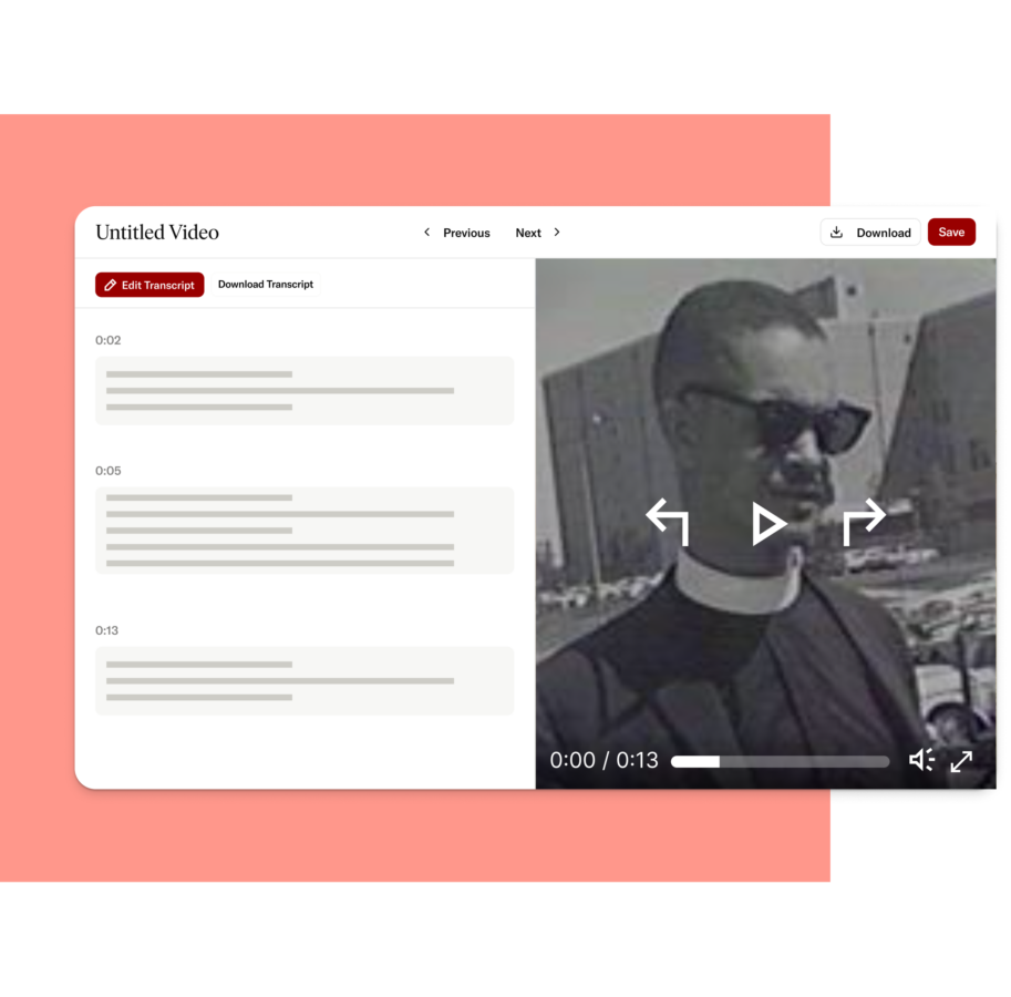 Video playback screen with a synchronized transcript editor, showing timestamped text alongside a black-and-white historical video.