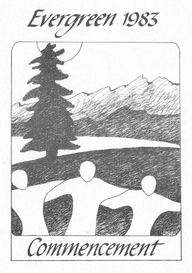 Black-and-white 1983 Evergreen commencement cover showing silhouetted figures holding hands in front of a tree, mountains, and water.