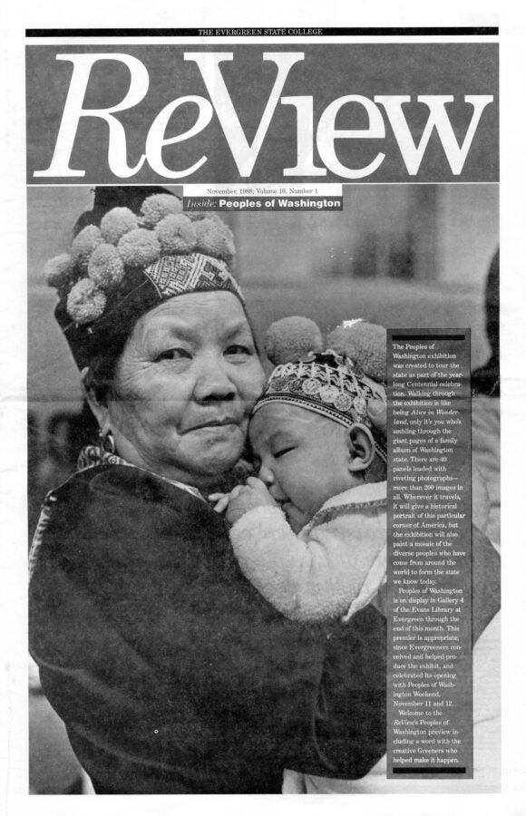 Cover of the November 1988 Evergreen Review featuring a black-and-white photograph of an older woman holding a baby, titled “Peoples of Washington.”