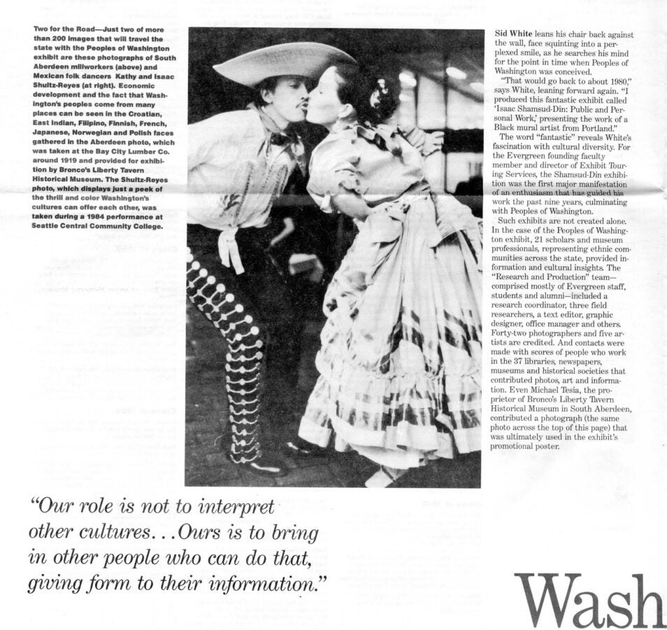 Black-and-white magazine spread featuring a large photo of two folk dancers in traditional dress leaning toward each other mid-performance, accompanied by columns of text and a pull quote about cultural interpretation.