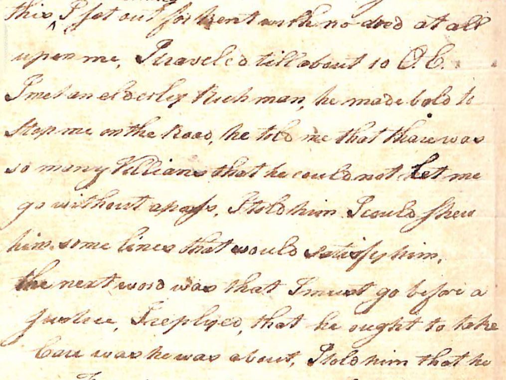 Close-up of an aged manuscript page written in brown ink, featuring dense, slanted cursive handwriting on yellowed paper. The script appears to be from the 18th or 19th century, with flowing letterforms and closely spaced lines, showing signs of fading and slight ink bleed typical of historical documents.
