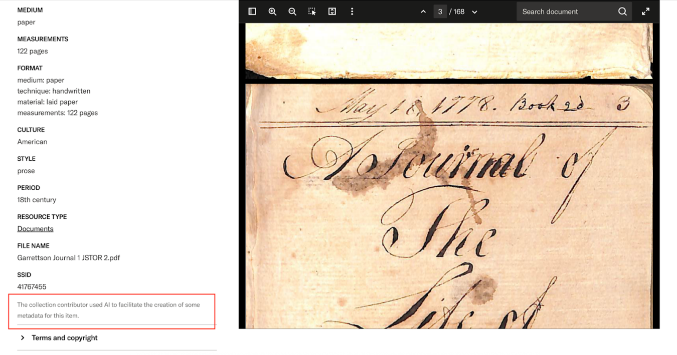 Screenshot of a JSTOR item page displaying metadata for an 18th-century American handwritten journal (122 pages, paper, laid paper). The file name “Garrettson Journal 1 JSTOR 2.pdf” and SSID 41767455 appear in the left sidebar, along with a note stating that AI was used to facilitate the creation of some metadata. The main viewer shows a scanned manuscript page dated “May 18, 1778. Book 2d,” with large cursive script reading “Journal of the …” on aged, stained paper.