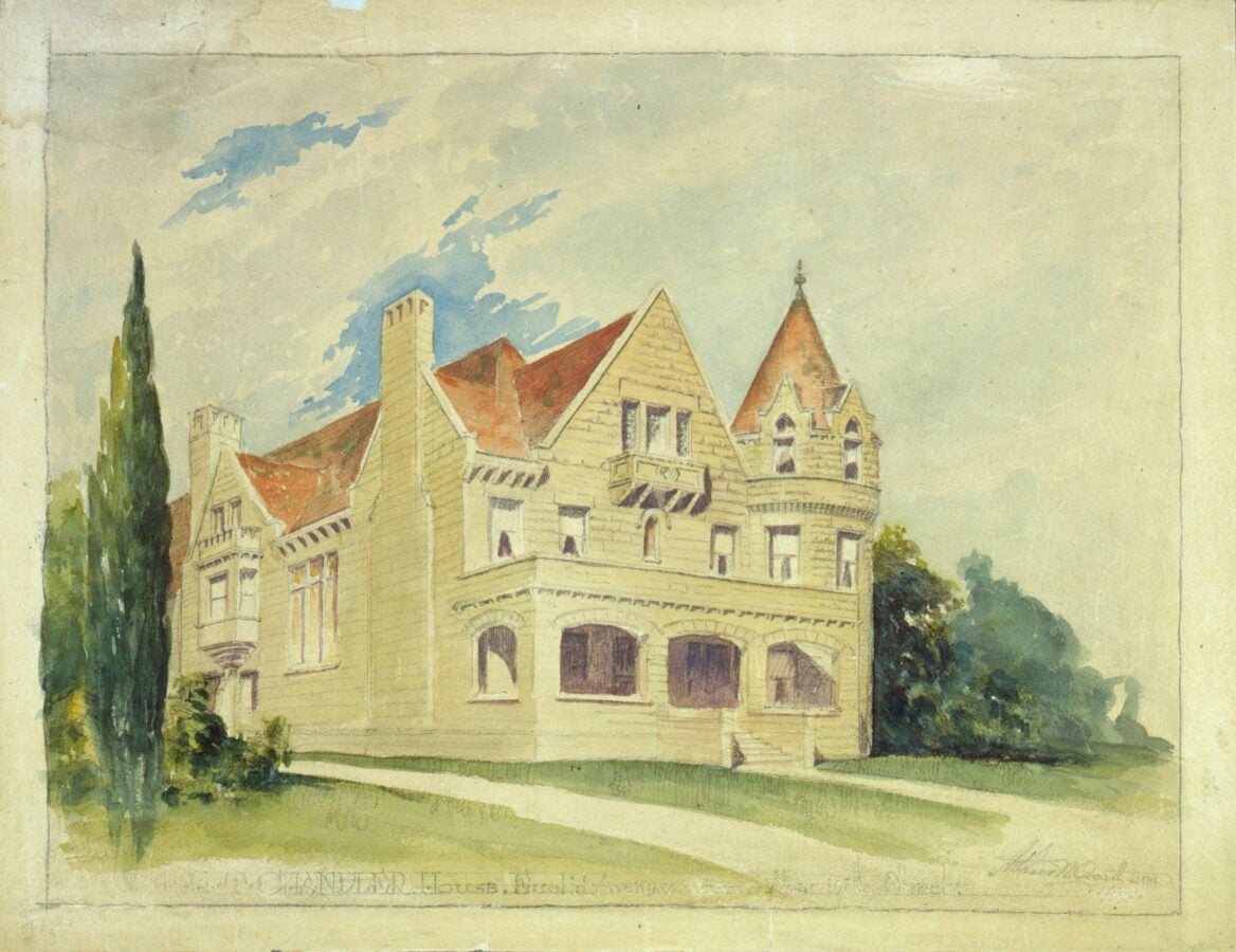 Watercolor architectural drawing of the Chandler House (1895), a large, light-yellow Victorian residence with steep red gabled roofs, a rounded turret with a conical roof, arched porch openings, and tall chimneys, set on a grassy lawn with trees framing the house.