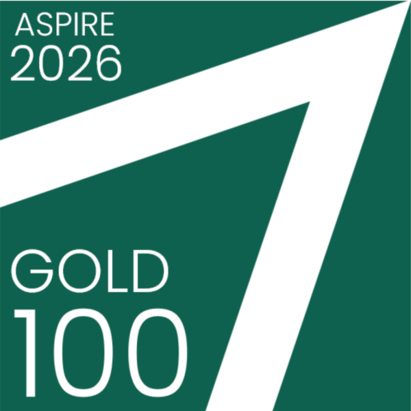 Green graphic with the text “Aspire 2026” and “Gold 100” in white lettering, featuring a large white number 7 angled diagonally across the right side.