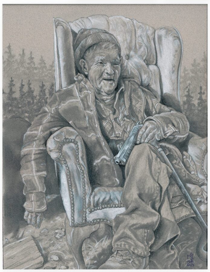 A detailed pencil drawing of an elderly person seated in a tufted armchair outdoors, smiling warmly, wearing a knit cap and layered clothing, and holding a walking stick across their lap with a gun barrel handle. A forest of evergreen trees is visible in the background. The drawing is rendered in graphite with subtle blue-gray tones on textured paper, and is signed "Moss 2025" in the lower right corner.