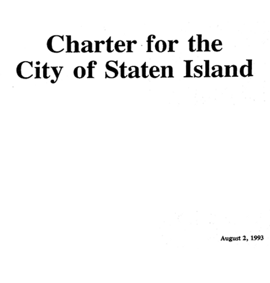 Title page reading ‘Charter for the City of Staten Island,’ with the date ‘August 2, 1993’ in the lower right corner.