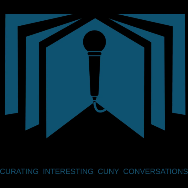 Stylized graphic of a microphone centered within an open, book-like or doorway shape, with the text ‘Curating Interesting CUNY Conversations’ below.