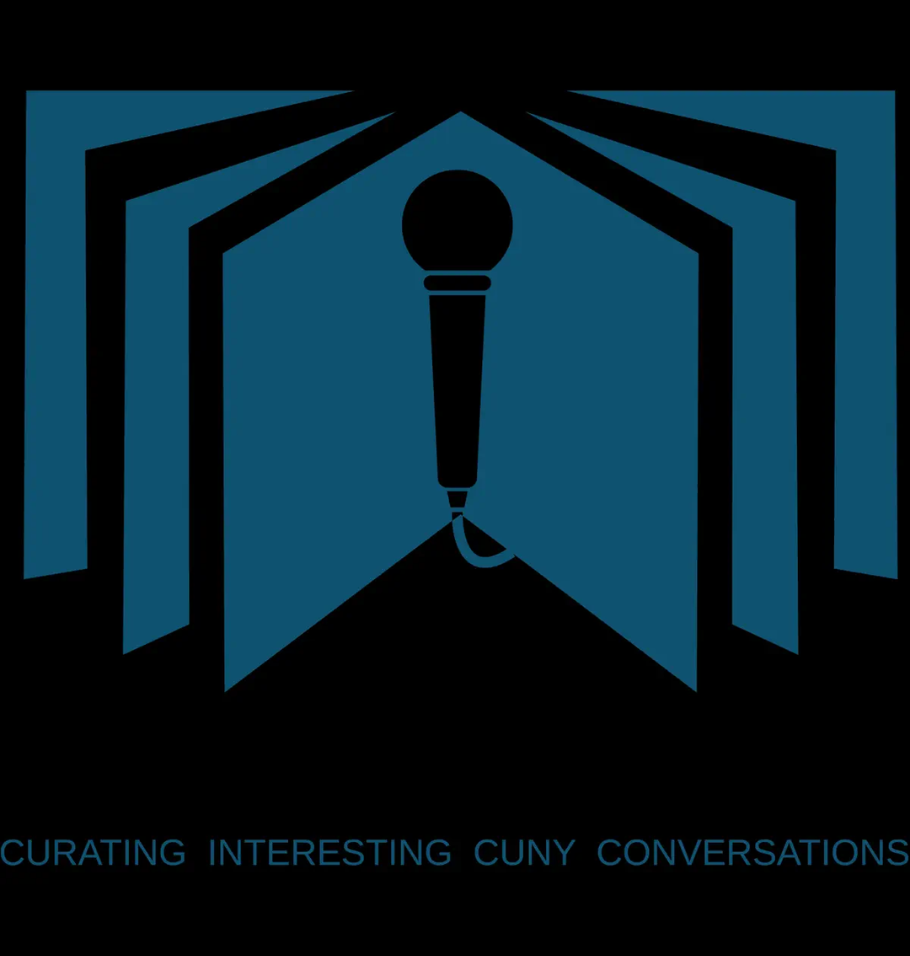 Stylized graphic of a microphone centered within an open, book-like or doorway shape, with the text ‘Curating Interesting CUNY Conversations’ below.