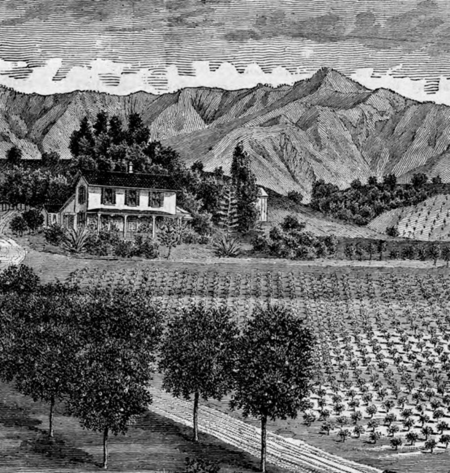 Black-and-white illustration of a farmhouse with surrounding fields and mountains in the background.