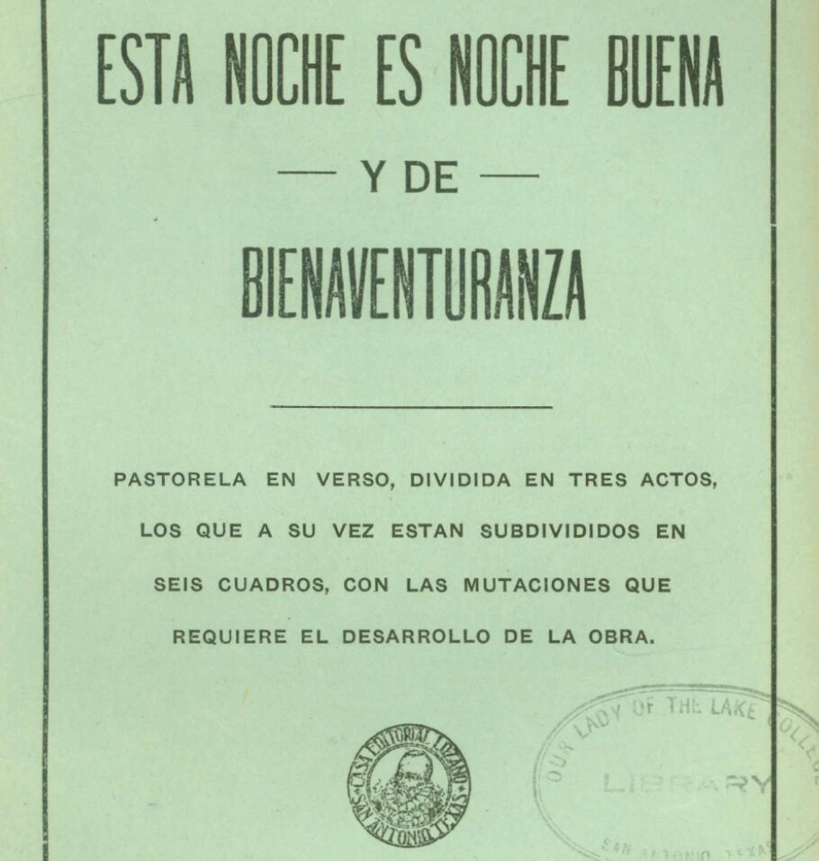 Spanish-language title page reading ‘Esta noche es noche buena y de bienaventuranza,’ with additional descriptive text below and library stamps.