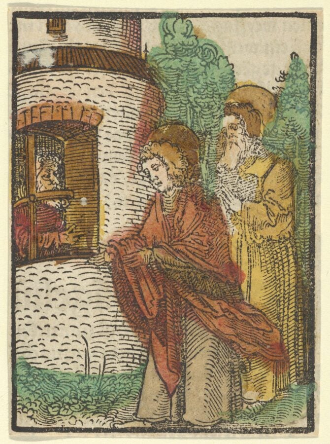 A hand-colored woodcut print from 1517 by German artist Hans Schäufelein, depicting Saint John the Evangelist in prison. A haloed figure sits inside a stone cell as an angel appears before him. The image is rendered in fine black lines with warm color wash, in the style of early sixteenth-century German printmaking.