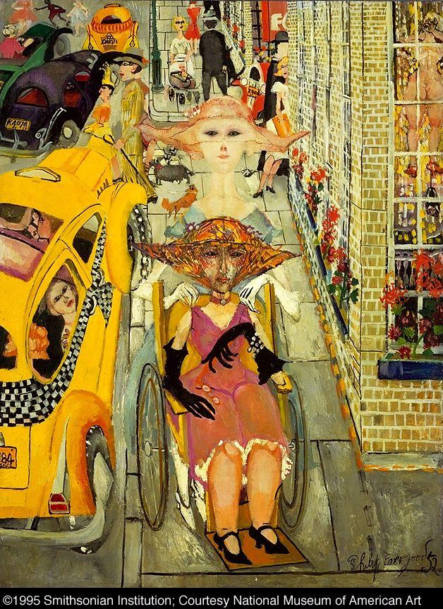 A colorful, expressionist street scene depicting an elderly woman in an ornate wide-brimmed hat seated in a wheelchair at the center of the composition. She wears an elaborate dress and is surrounded by the bustle of a city sidewalk — a yellow taxi to her left, fashionably dressed figures moving past, and a brick storefront in the background. The painting's style is bold and slightly distorted, with vivid oranges, yellows, and pinks dominating the palette. The woman commands the center of the frame despite — or because of — her stillness amid the urban movement around her.