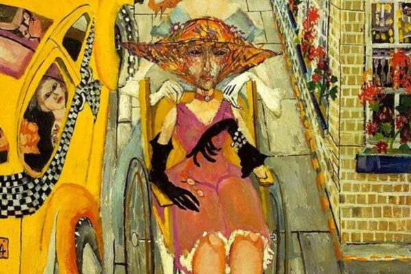 A colorful, expressionist street scene depicting an elderly woman in an ornate wide-brimmed hat seated in a wheelchair at the center of the composition. She wears an elaborate dress and is surrounded by the bustle of a city sidewalk — a yellow taxi to her left, fashionably dressed figures moving past, and a brick storefront in the background. The painting's style is bold and slightly distorted, with vivid oranges, yellows, and pinks dominating the palette. The woman commands the center of the frame despite — or because of — her stillness amid the urban movement around her.