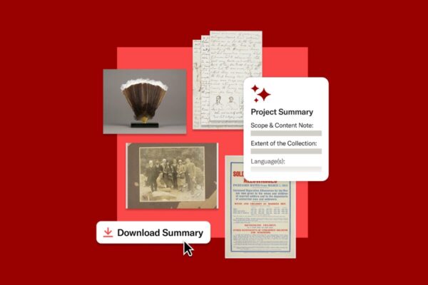 A graphic collage on a red background shows a mix of archival materials and a digital interface. Items include a fan-shaped object made of feathers on a stand, handwritten manuscript pages, a vintage group photograph, and a printed poster about wartime allowances. Overlaid on the right is a rounded card labeled “Project Summary” with fields for scope and content note, extent of the collection, and languages. At the bottom left, a “Download Summary” button with a downward arrow icon is shown with a cursor hovering over it, suggesting interaction.