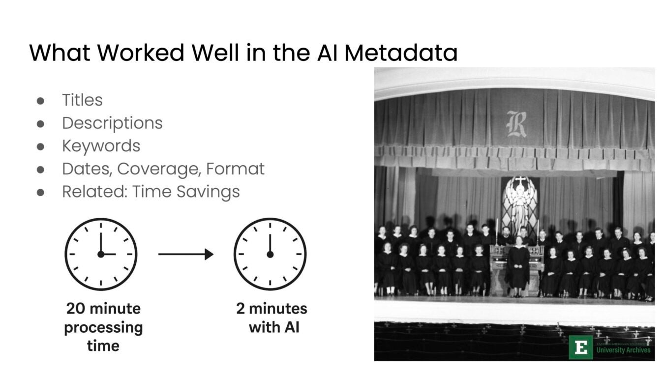 A presentation slide titled “What Worked Well in the AI Metadata” lists successful outputs: titles, descriptions, keywords, and structured fields like dates, coverage, and format, as well as time savings. A graphic shows a reduction from 20 minutes of processing time to 2 minutes with AI. Beside it is a black-and-white photograph of a choir or group seated on a stage in an auditorium.