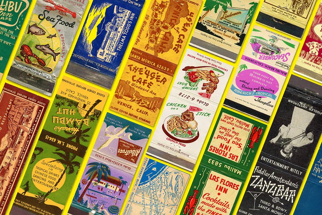 Colorful collage of vintage matchbook covers arranged diagonally against a bright yellow background, featuring illustrated advertisements for restaurants, inns, and nightlife venues with retro typography, seafood imagery, palm trees, and mid-century design elements.