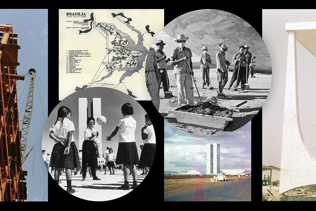 Composite collage combining historical images and graphics, including a map labeled “Brasilia,” black-and-white photos of workers with shovels and schoolchildren playing, a modernist government building, and a construction crane, arranged with circular and rectangular overlays on a black background.