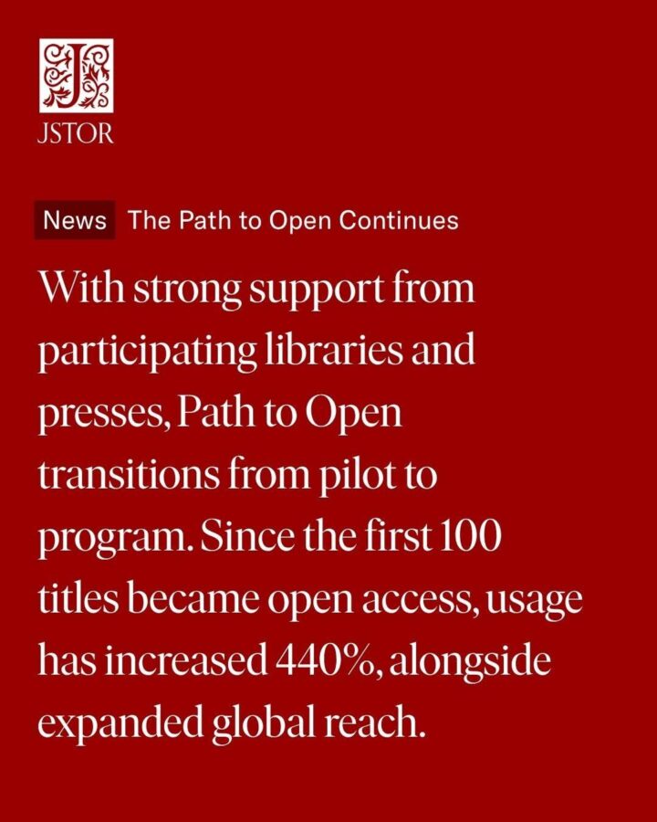 JSTOR announcement graphic on a red background with the JSTOR logo at top left. Text reads: “News — The Path to Open Continues. With strong support from participating libraries and presses, Path to Open transitions from pilot to program. Since the first 100 titles became open access, usage has increased 440%, alongside expanded global reach.”