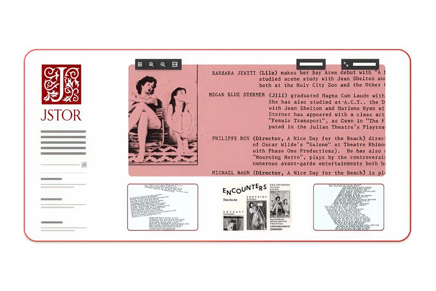 A JSTOR-branded digital viewer interface displays a scanned pink theater program with biographical notes and a black-and-white photo of two women. Below the main viewing pane are thumbnails of additional documents. The top toolbar includes options to zoom, rotate, and view metadata.