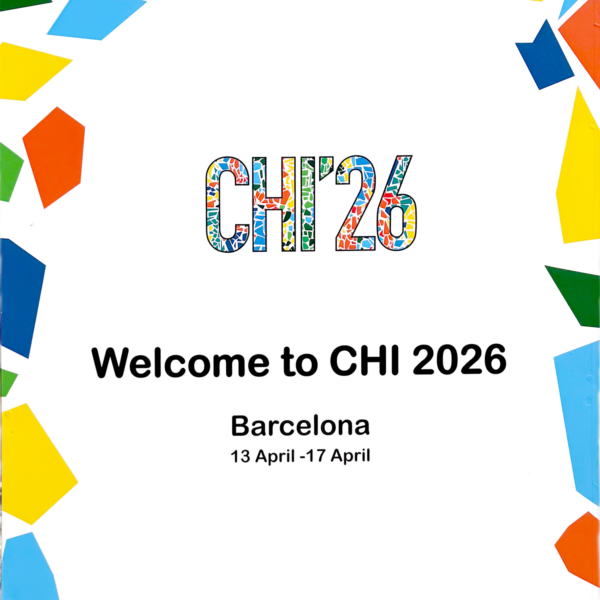 A welcome poster for CHI 2026 is displayed on a white background with colorful geometric border elements. The center of the slide features the mosaic-style CHI’26 logo above the text “Welcome to CHI 2026.” Below, the slide lists the location and dates: “Barcelona, 13 April–17 April.”