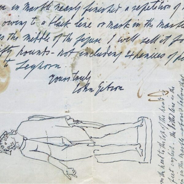 Handwritten letter on blue paper dated “Rome 9th Jan.y 1850” from sculptor John Gibson. He acknowledges a prior letter and quotes prices for his statues of Aurora (£450) and Cupid disguised as a shepherd (£300). The page shows brown stains and folds and is signed “John Gibson.” At the bottom is a pen sketch of a standing male figure with dotted measurement lines and notes about height and a dark line in the marble.