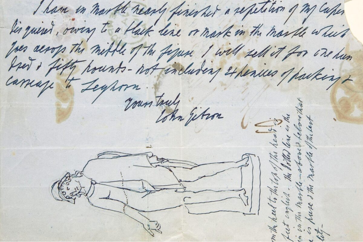 Handwritten letter on blue paper dated “Rome 9th Jan.y 1850” from sculptor John Gibson. He acknowledges a prior letter and quotes prices for his statues of Aurora (£450) and Cupid disguised as a shepherd (£300). The page shows brown stains and folds and is signed “John Gibson.” At the bottom is a pen sketch of a standing male figure with dotted measurement lines and notes about height and a dark line in the marble.