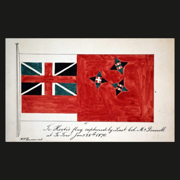 Hand-drawn illustration of Te Kooti’s flag from 1870, showing a red field with a Union Jack in the upper left and four star-like emblems on the right, with handwritten caption beneath.
