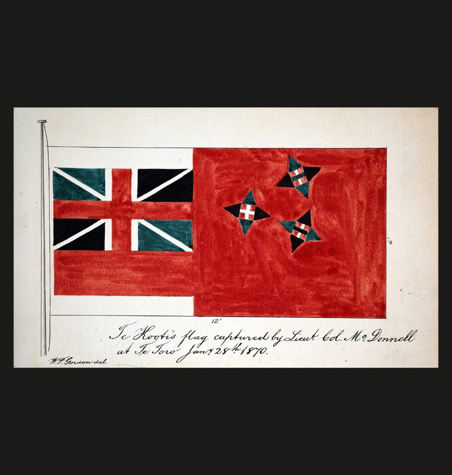 Hand-drawn illustration of Te Kooti’s flag from 1870, showing a red field with a Union Jack in the upper left and four star-like emblems on the right, with handwritten caption beneath.