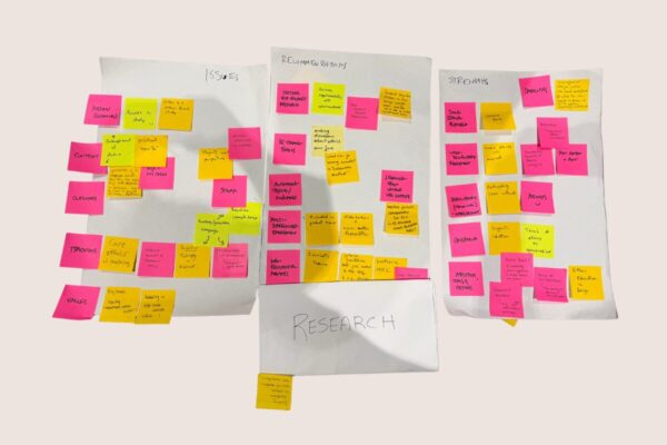 Three large sheets of paper are arranged side by side and covered with handwritten pink and yellow sticky notes from a collaborative workshop session. The sheets are labeled “Issues,” “Recommendations,” and “Strengths,” with notes discussing ethics, governance, interdisciplinarity, participation, inclusivity, research practices, and community engagement. A blank sheet labeled “Research” hangs beneath the center section, with additional sticky notes attached near the bottom.