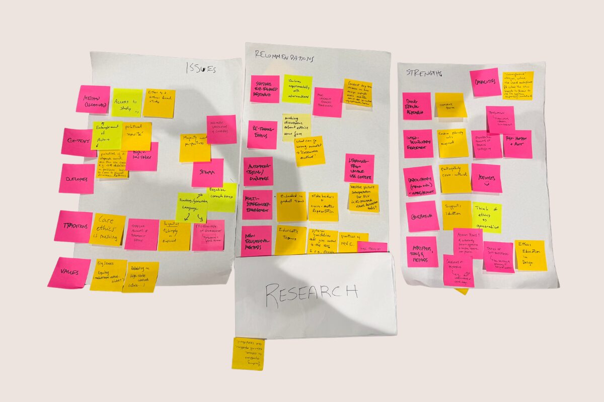 Three large sheets of paper are arranged side by side and covered with handwritten pink and yellow sticky notes from a collaborative workshop session. The sheets are labeled “Issues,” “Recommendations,” and “Strengths,” with notes discussing ethics, governance, interdisciplinarity, participation, inclusivity, research practices, and community engagement. A blank sheet labeled “Research” hangs beneath the center section, with additional sticky notes attached near the bottom.