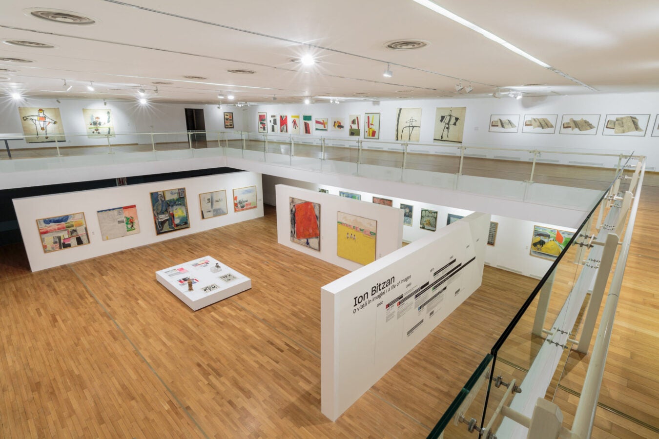 Elevated view of the Ion Bitzan retrospective showing paintings, works on paper, and exhibition displays arranged across multiple levels of the museum gallery.