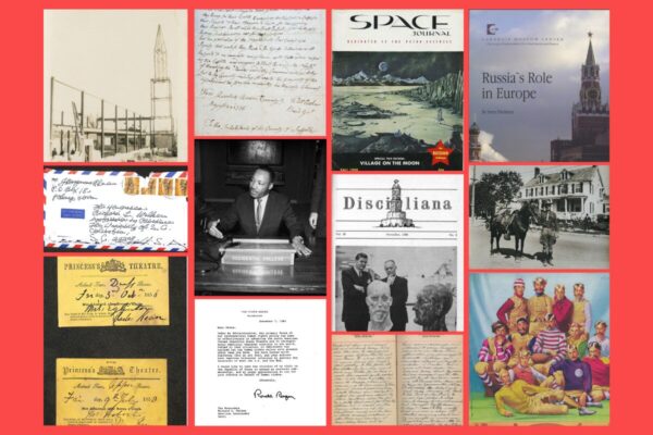 Collage of archival and historical materials arranged in a grid, including photographs, manuscripts, letters, magazine covers, tickets, a political letter, artwork, and historical documents from a variety of collections.