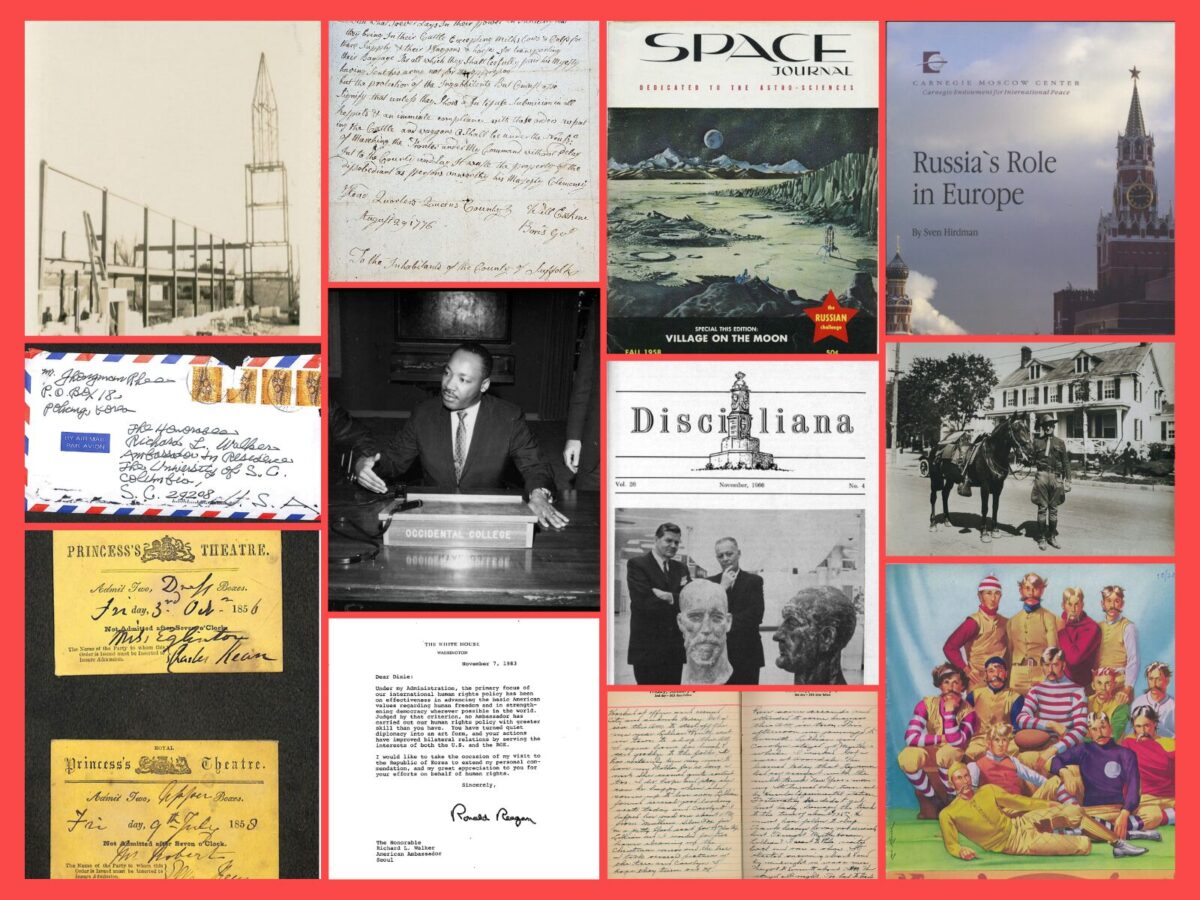 Collage of archival and historical materials arranged in a grid, including photographs, manuscripts, letters, magazine covers, tickets, a political letter, artwork, and historical documents from a variety of collections.