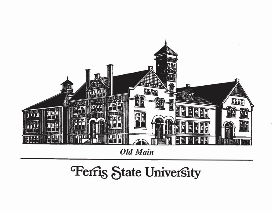 Illustration of Ferris State University’s Old Main building, with the labels ‘Old Main’ and ‘Ferris State University’ below.